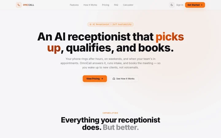OmniCall website showing its AI receptionist and appointment booking offer