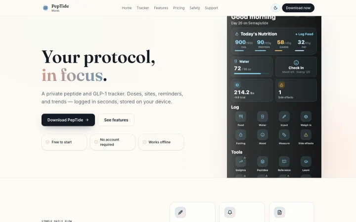 PepTide website with mobile logging, reminder, and progress screens